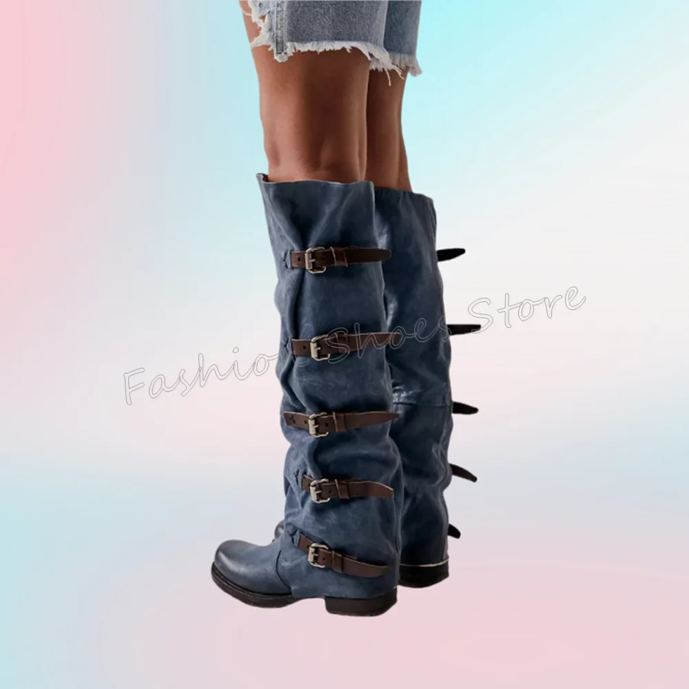 Demin côté fermeture éclair boucle décor bottes bout rond gros talons hauts chaussures à talons hauts pour femmes talons 2025 nouveaux Zapatos Para Mujere