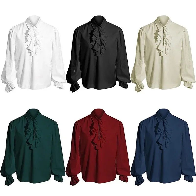 2025 New Vampire Renaissance Victorian Shirts for Men and Women, White Steampunk Ruffle Medieval Halloween Costume, Large Size