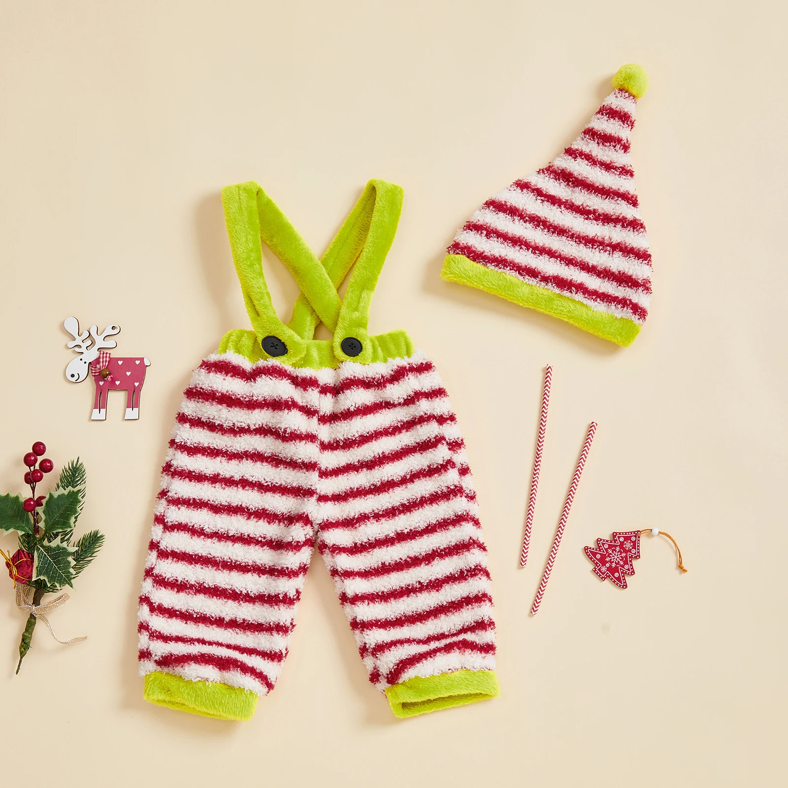 

Tregren 0-24M Infant Baby Boy Girl Christmas Outfit Loose Fit Cross Straps Plush Striped Overall Pants and Cap 2 Pcs Set