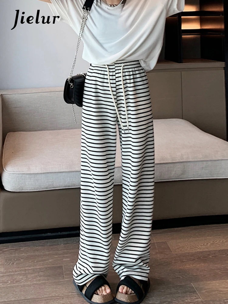 

Jielur New Loose Slim Straight Leg Pants Spring Summer High Waist Black White Striped Drape Casual Pants Women's Pants XS-XL