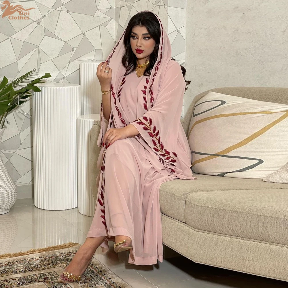 Eid mode musulmane broderie florale Abaya avec foulard en mousseline de soie tissu 2 pièces ensemble dubaï arabe col en v élégant robe à manches longues