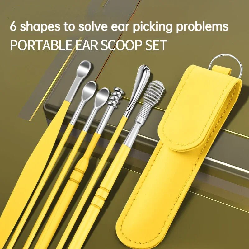 Stainless Steel Earpick Ears Cleaner Spoon Ear pick Ear Wax Removal Tool Kit Ears Spoon Care for Baby Adults 6PCS Ear Care Set