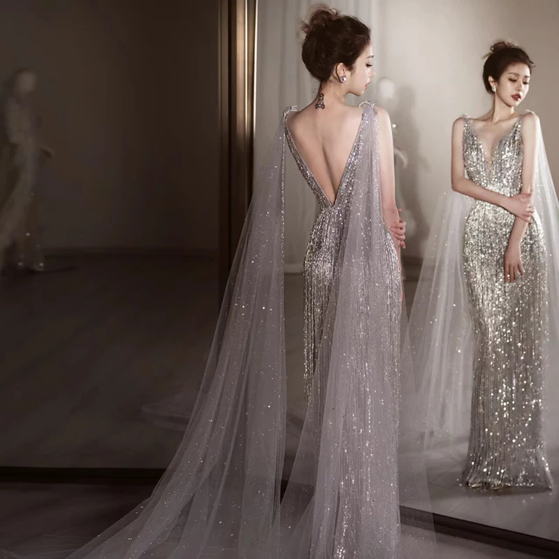 فاخر الترتر شرابة فساتين لحضور الحفلات الموسيقية المرأة مثير الخامس الرقبة عارية الذراعين حفلة عيد ميلاد فستان الزفاف أنيقة لامعة فساتين المناسبات الرسمية