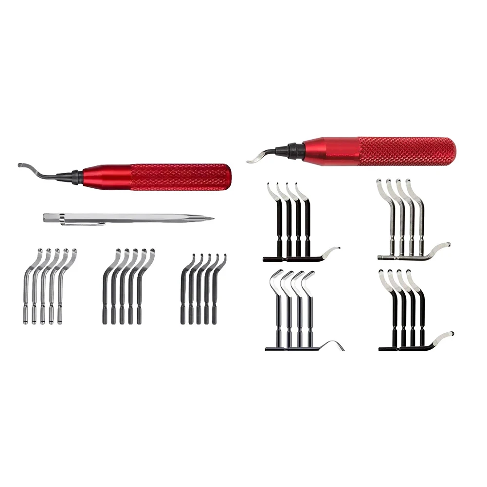 Precision Deburring Tool Set With-Red CNC Anodized Handle Metal Hand Burr Trimming Wood-Deburring Tools