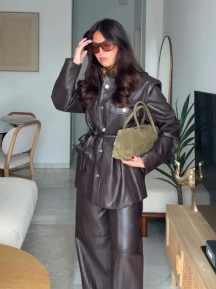 HH سترات عصرية للخريف للسيدات بياقة مقلوبة وأكمام طويلة وحزام مزخرف بصدر واحد معاطف نسائية عالية الشارع