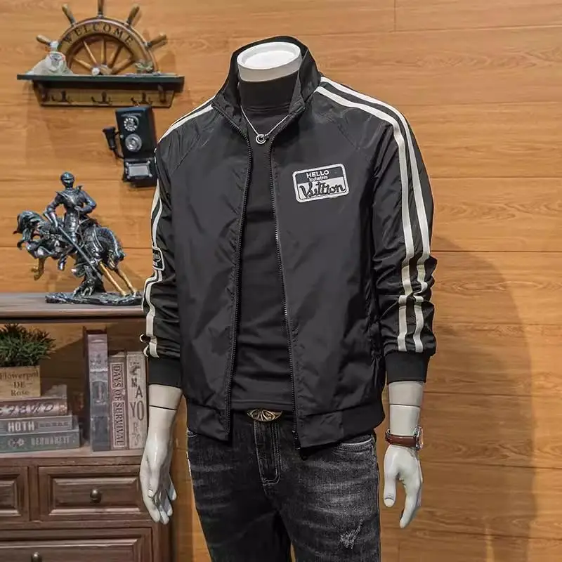 

Мужская повседневная полосатая цветная блузка, весна-осень, длинный воротник-стойка, све, ветрозащитное, из полиэфирного волокна, молодежная мода