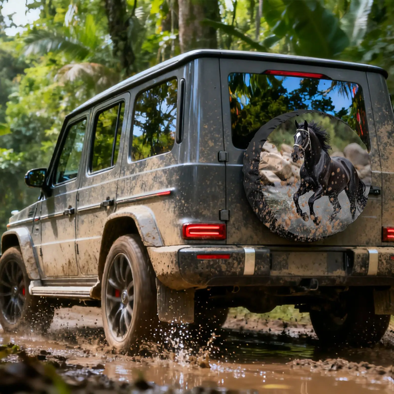 Galloping Black Horse Tire Cover Durable Polyester Fiber Waterproof Spare Wheel Protector