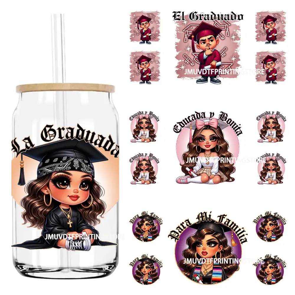 

Chicano Graduation Mexican Lady 16OZ UV DTF Cup Wrap Transfers Stickers Custom Labels DIY Waterproof Logo For Libbey Glass Can