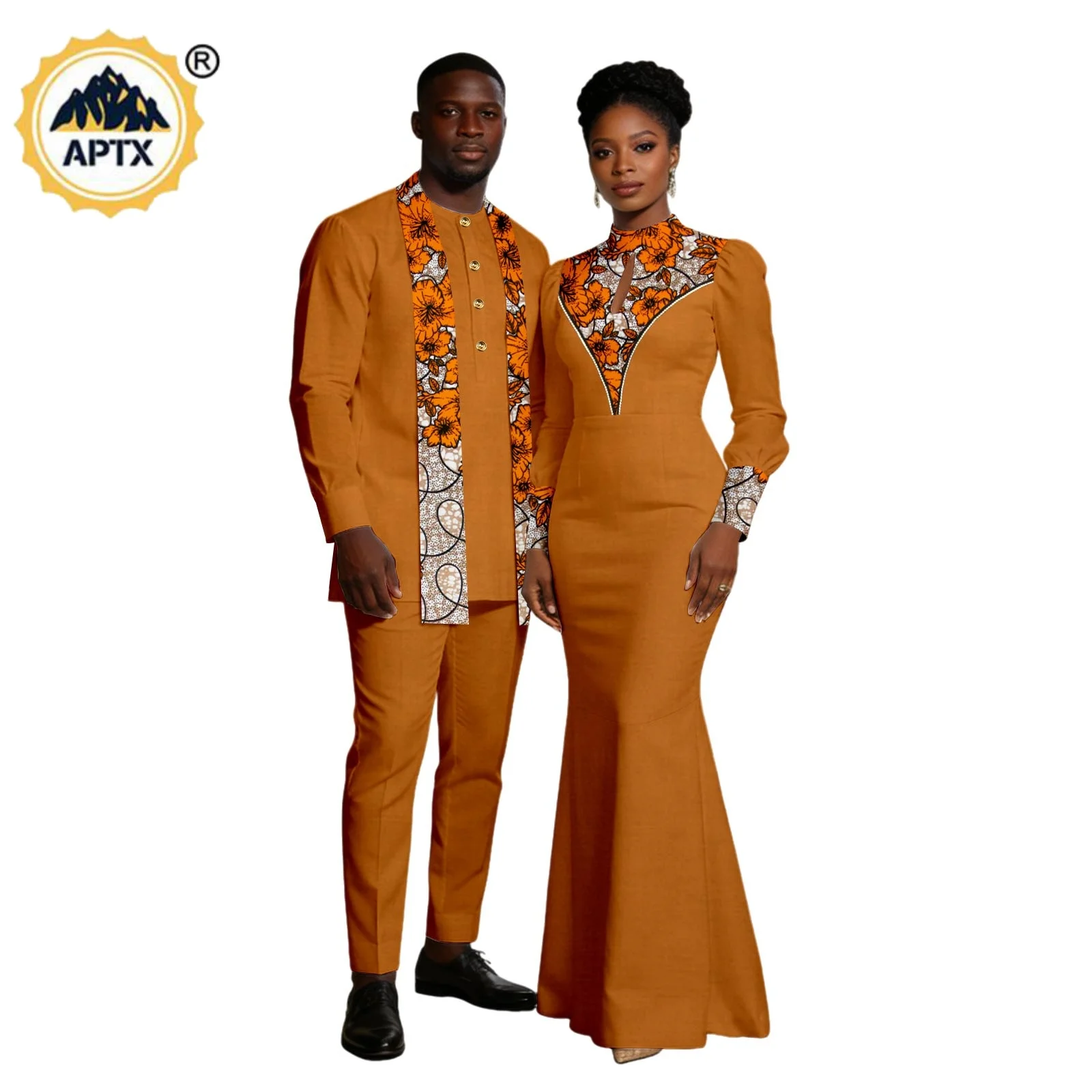 African Print Pearls Mermaid Long Dresses for Women Matching Couple Outfits Dashiki Men Scarf Top Shirt and Pant Sets 26C020