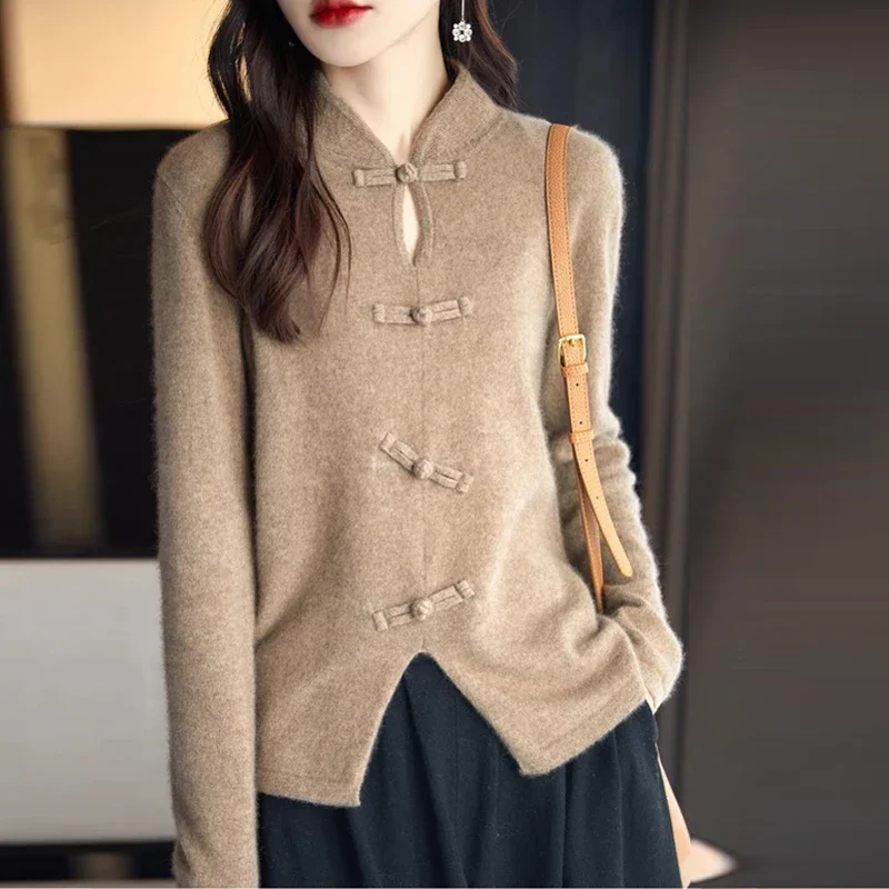 

Women Clothing Chic Button Chinese Style Sweaters Autumn Winter New Temperament Elegant Pullovers Vintage Solid Knitted Jumper