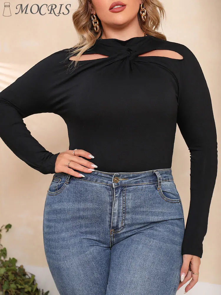 Women's Elegant and Youth Hollow Out O-Neck Long Sleeve Blouse Polyester Blouses Curvy Monochromatic Black Plus Size Summer 2024