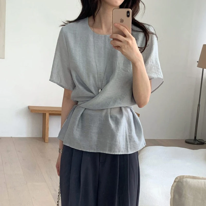 

Летняя женская блузка в корейском стиле с перекрестной шнуровкой на талии, коротким рукавом, свободного кроя, элегантная, 2 цвета (hx9329)