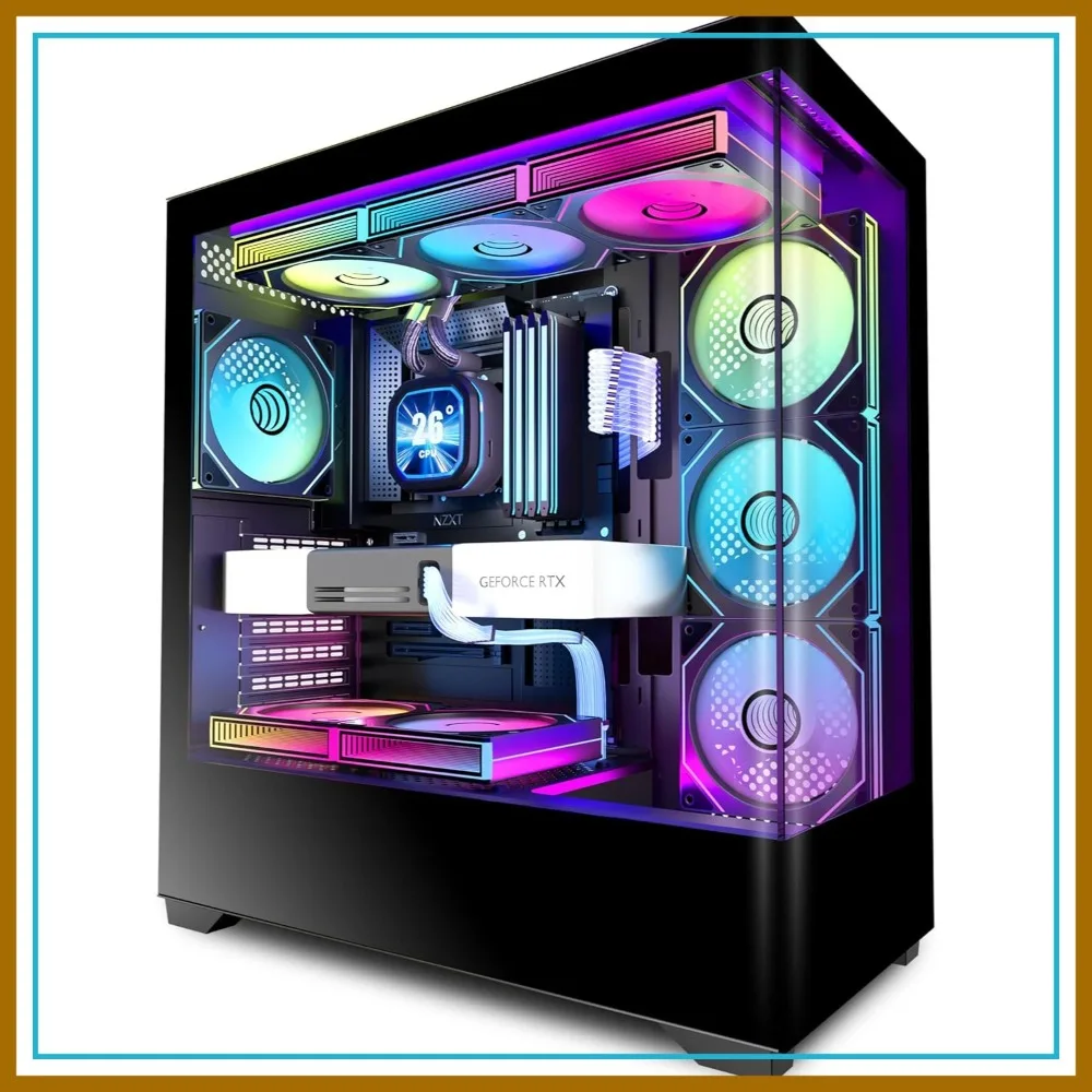 

ATX Mid Tower PC Case with 7 PWM ARGB Fans, Type-C, Dual Tempered Glass, Gaming Computer Case Black