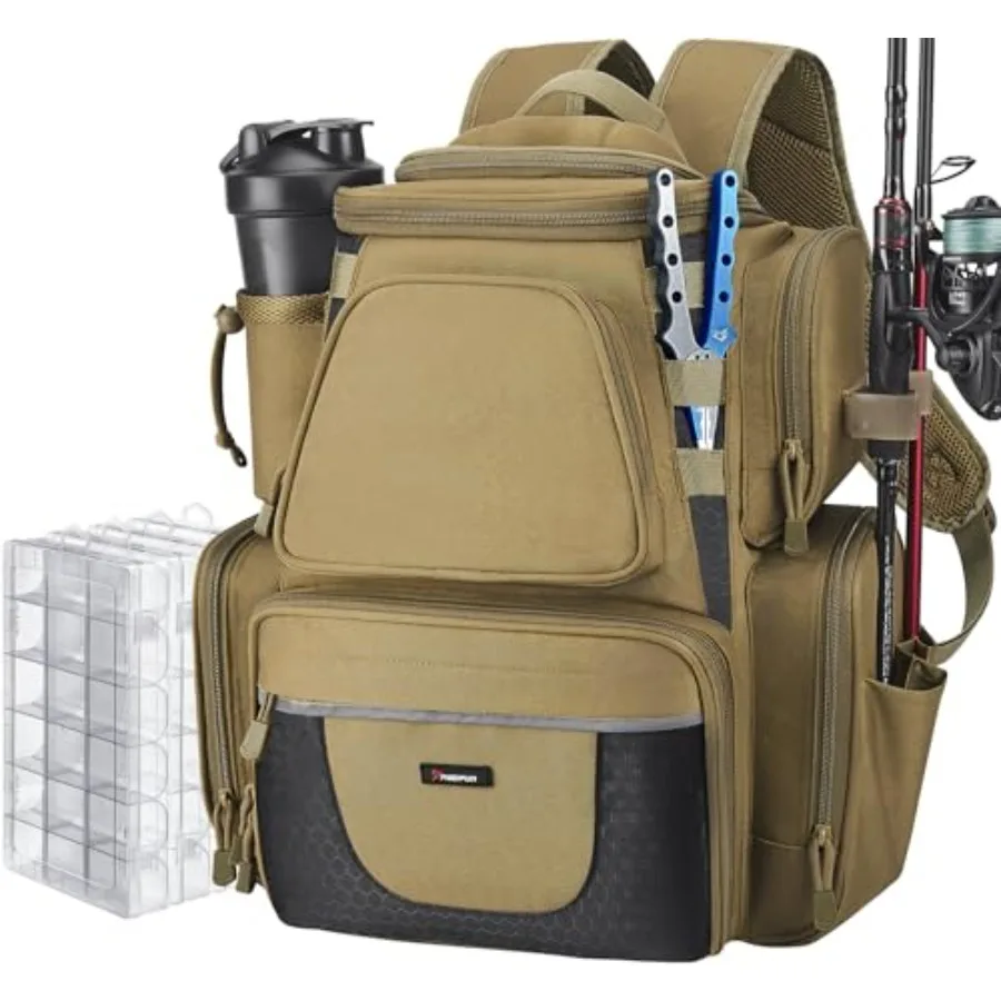 

Fishing Backpack with 2 Rod Holders and 4 Tackle Boxes Large Tackle Storage Bag With Rain Cover for Fishing Gear