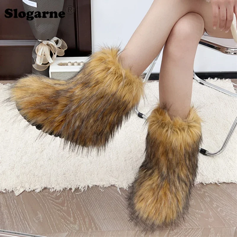 Y2K Fluffy Mid-calf Boots Winter Women Fashion Snow Boots Warm Cotton Shoes Ladies Faux Raccoon Fur Boots Furry Platform Shoes