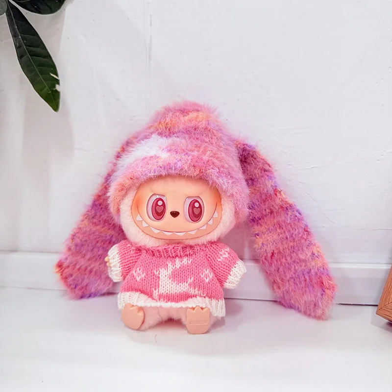 

Clothes For 15/17cm LABUBU Charm Cute Knitted Sweater Replacement Pink-Blue Deer Sweater With Plush Hat Set Christmas Holiday