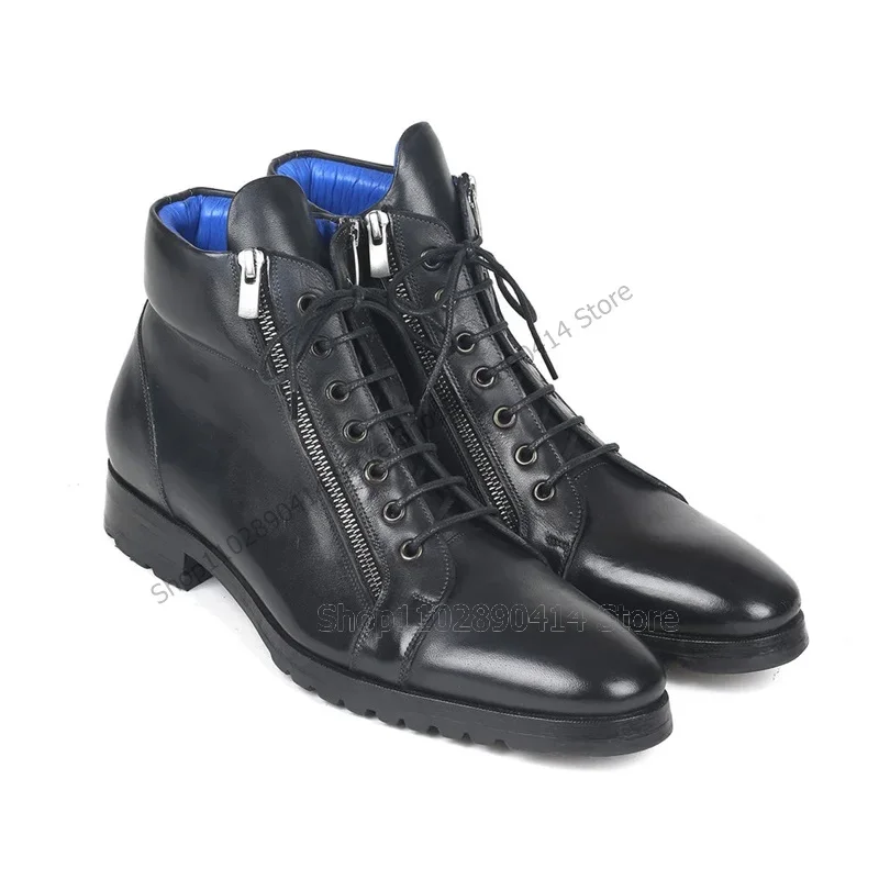 

Black Zipper Decor Square Toe High Top Ankle Boots Fashion Lace up Men Shoes Luxury Handmade Party Feast Office Men Dress Shoes
