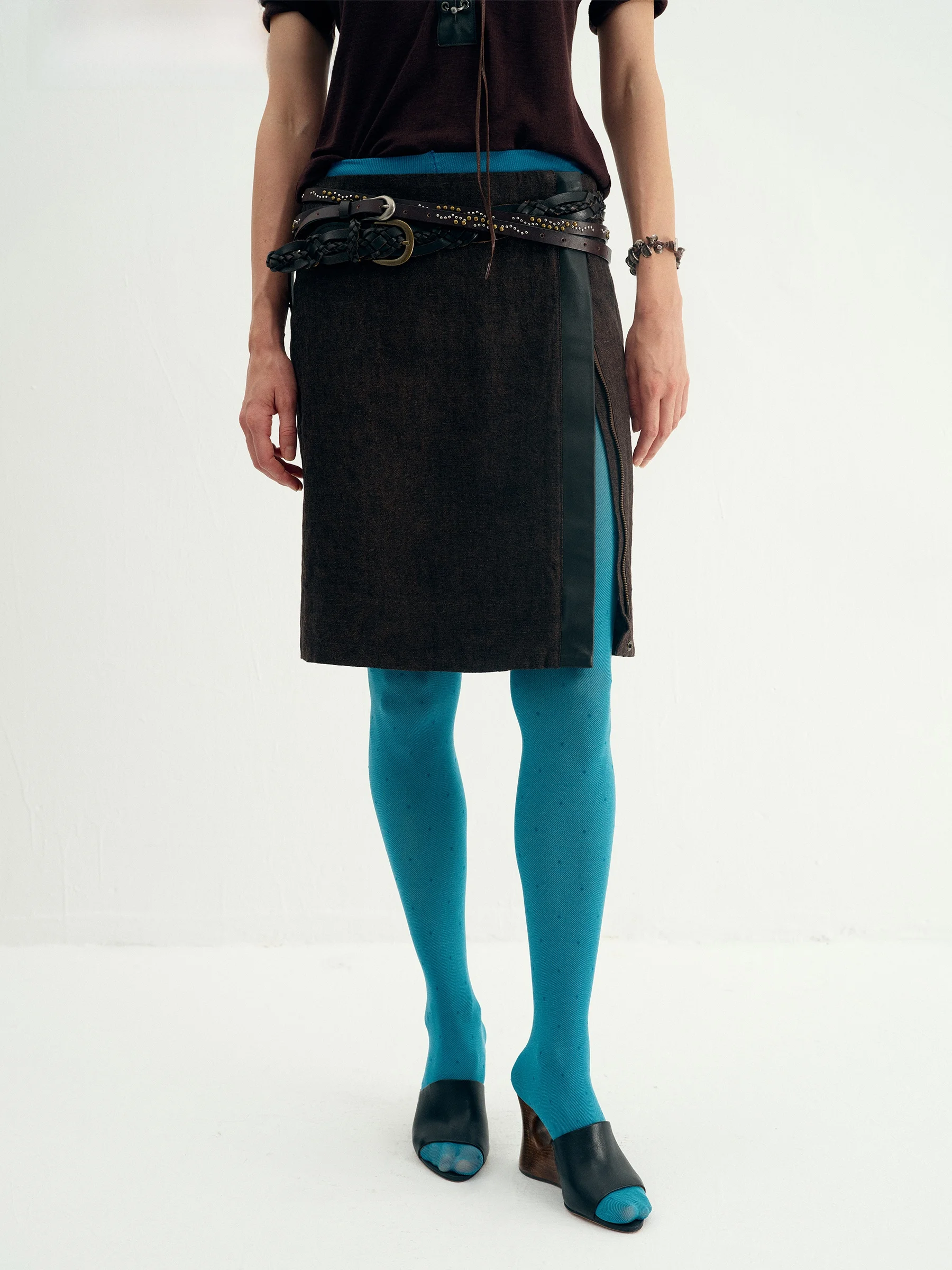 

VERMO Retro Attitude Washed Lin Cotton Leather Patchwork Zipper Adjustable Split Half Skirt Ladies Low Waist Straight Tube Skirt