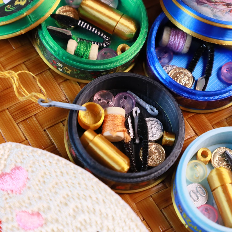 1set Dollhouse Miniature Vintage Sewing Needlework Needle Kit Box Sewing Machine For Doll House Decor Toys