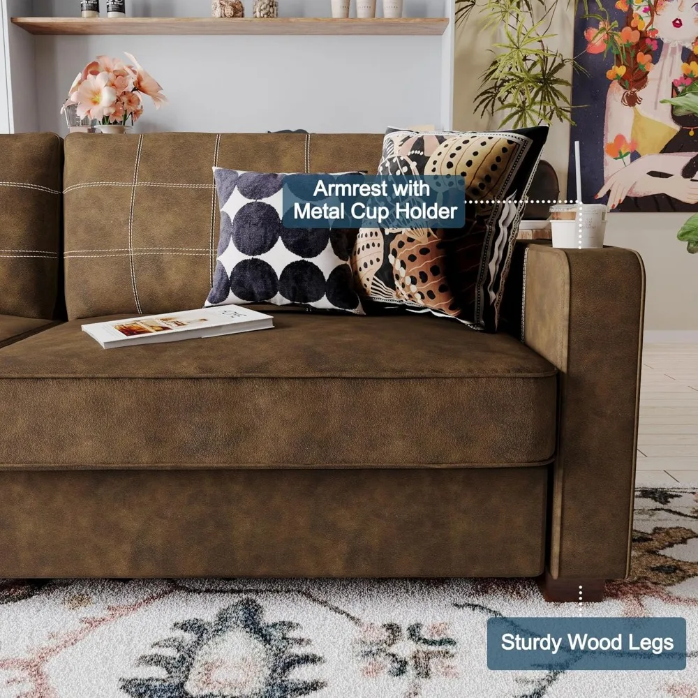 أريكة من الجلد الصناعي البني مقاس 80 بوصة - مساند للذراعين واسعة مع حاملين أكواب مدمجين، ومقاعد عميقة، وخياطة متباينة، كبيرة الحجم