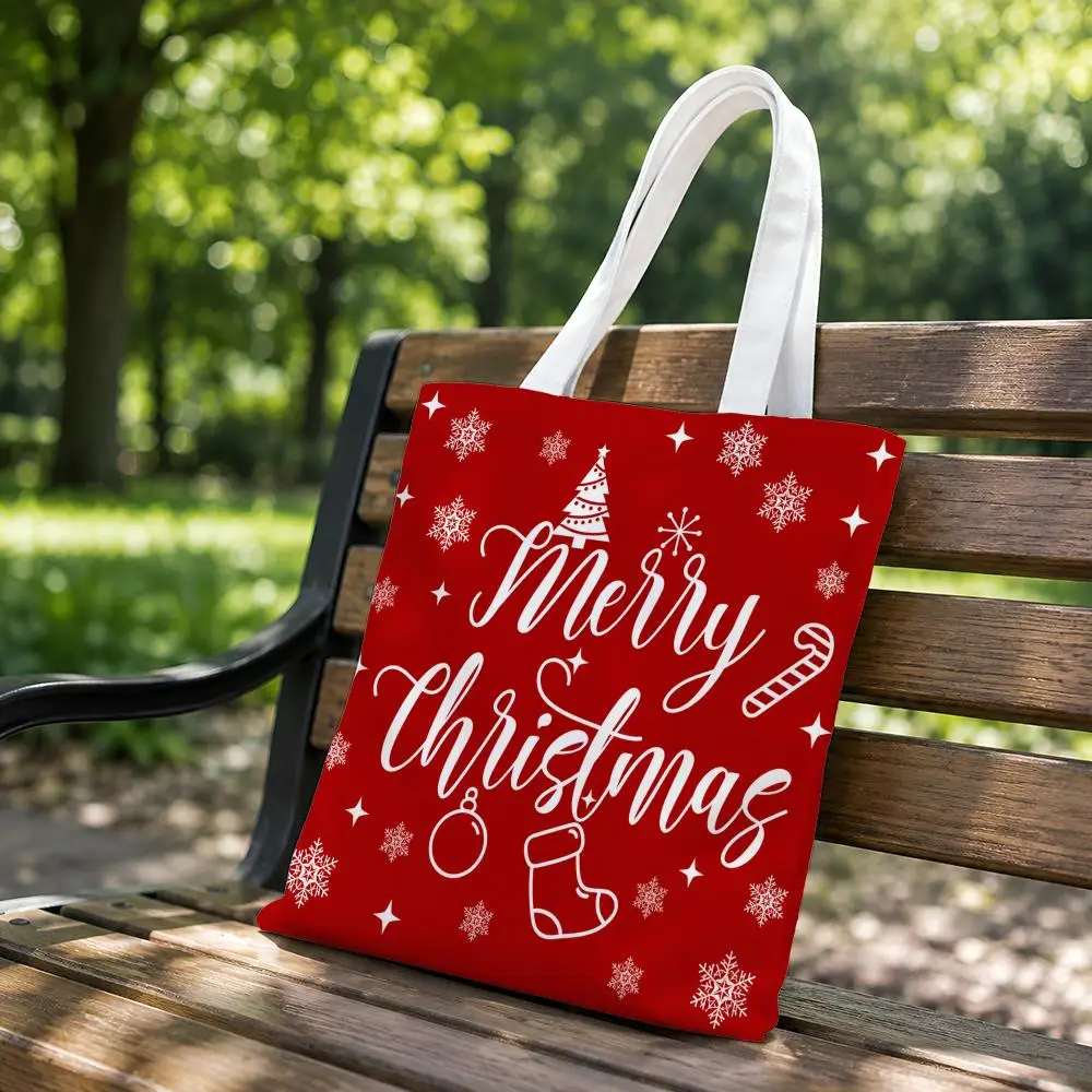 Christmas Winter Lettering Patterns Storage Bags Canvas Tote Bag Double-Sided Print Fashion Shoulder Shopping Bag Gift Handbags