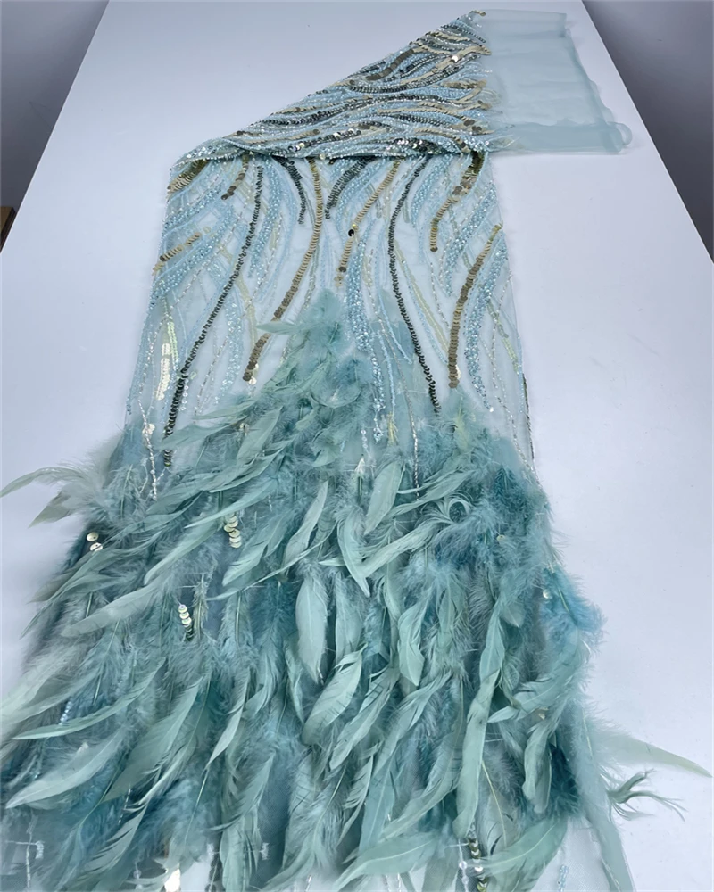 High-End African Nigeria handgemachte Perlen 3D Feder Stickerei Französisch Pailletten Spitze Stoff für Abendkleid Hochzeit