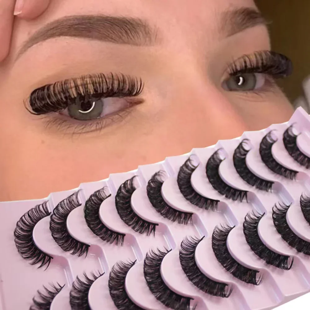 10 Pairs Russian Strip Volume Eyelashes DD Curl Wispy Fluffy False Eyelashes Look Like Lash Extensions Natural Lashes Pack