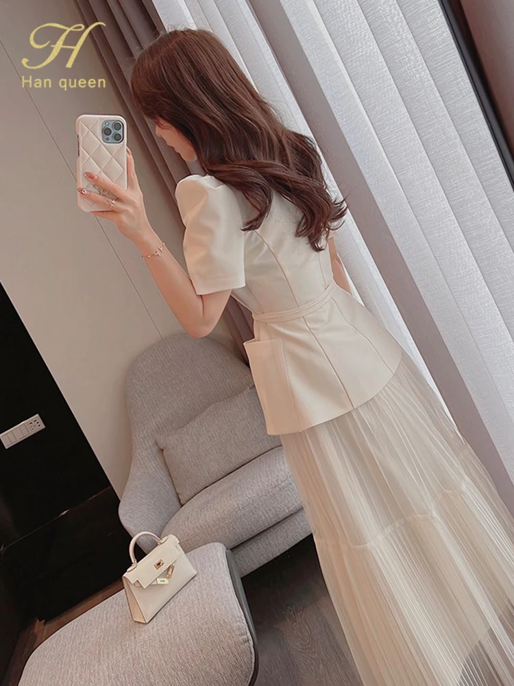 H Han Queen Elegant 2 Piece Office Dress Women Summer Simple Basic A-Line Dresses Short Sleeve Slim Long Casual Party Vestidos