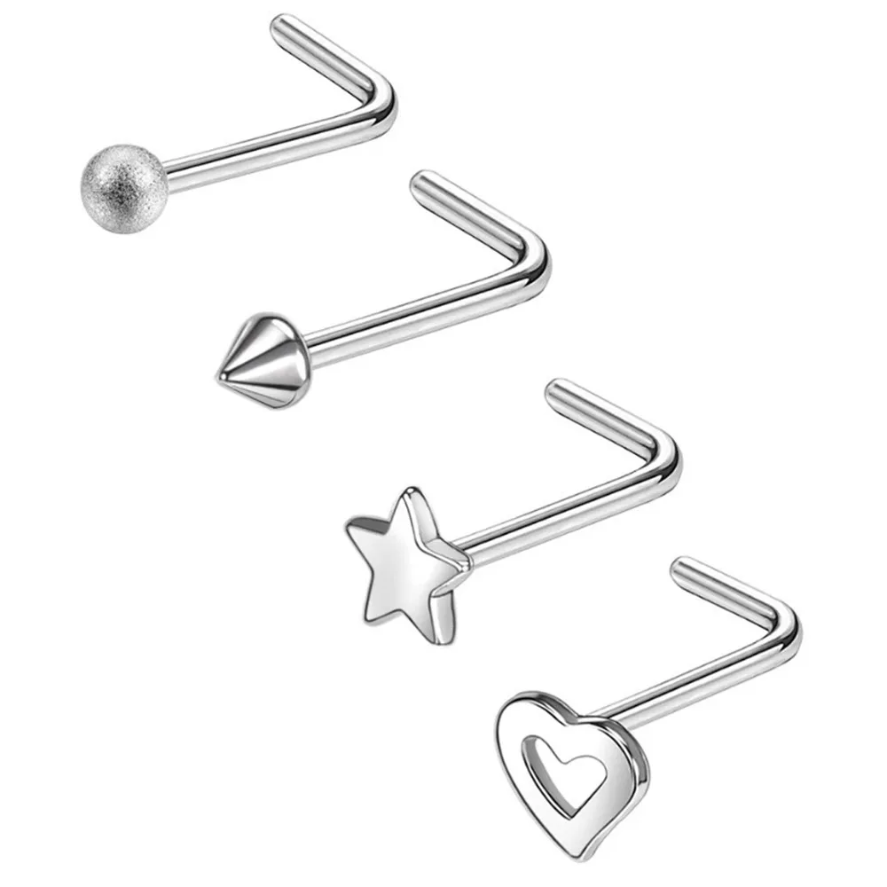 Cone/Frosted ball/Heart/Star Shaped Stainless Steel L-shaped Rod Nose Nail Piercing Jewelry Silvery For Woman and Men