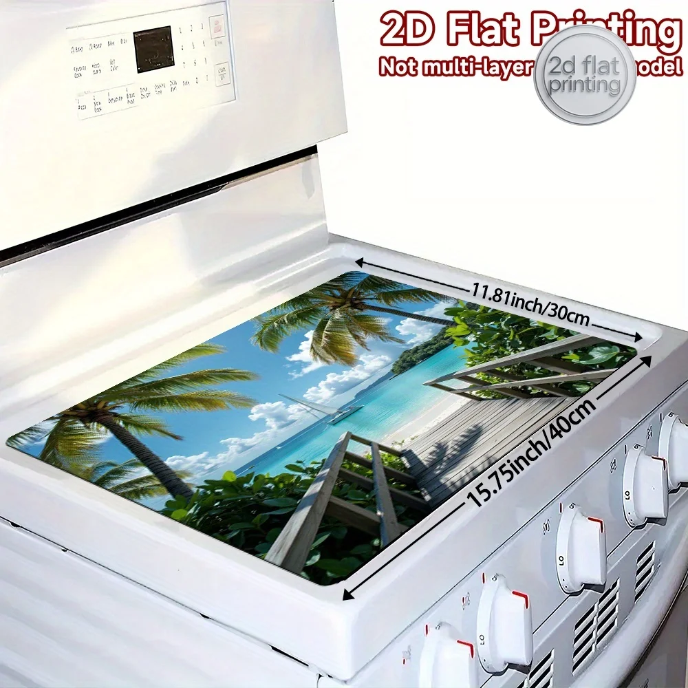 1pc Tropical Beach Stove Cover Mat | Turquoise Ocean Coconut Tree Design, Non-Slip, Foldable for Induction Cooktop, Ceramic Hob, view 5