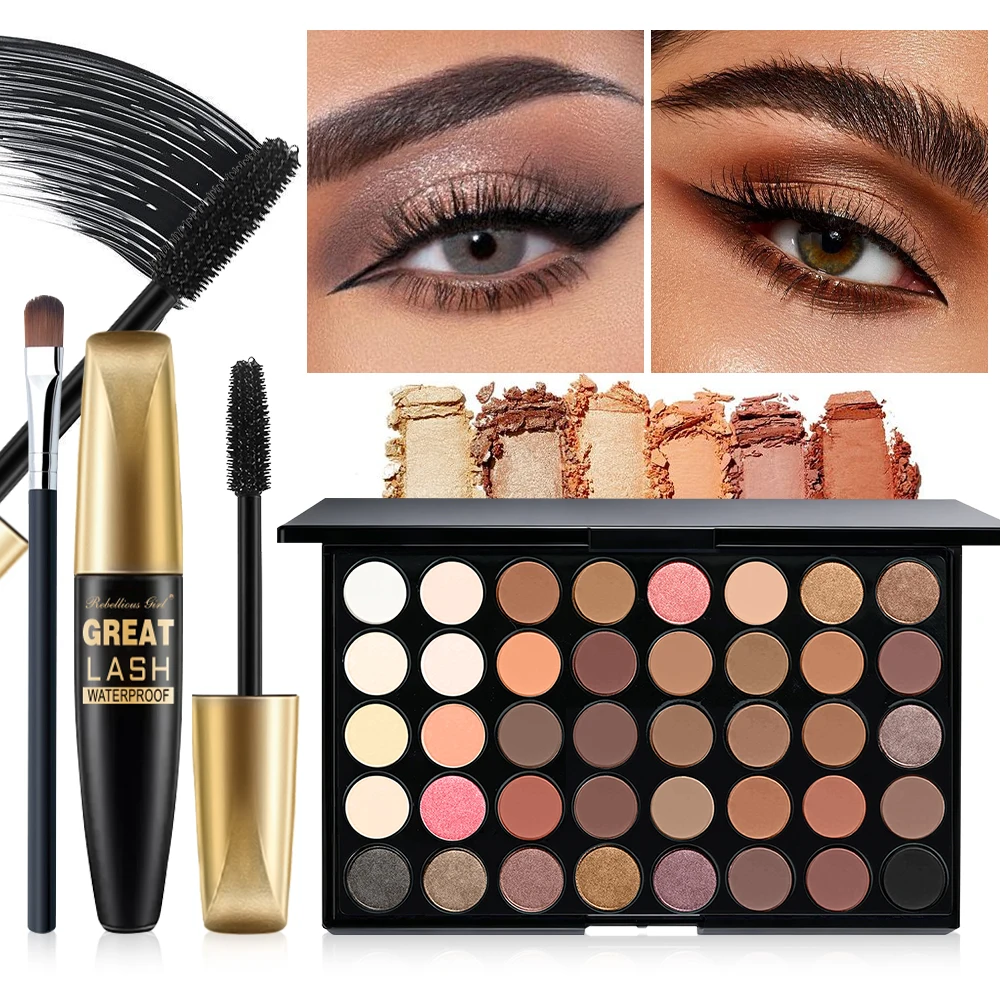3pcs Makeup Sets for 40 Colors Rainbow Eyeshadow Palette+Black Mascara with 1pc Brush, 3 In 1 Makeup Kit For Daily Party Daily view 3