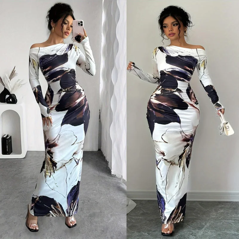 Spring and summer new women's off shoulder slim fit sexy dress, stylish and elegant printed tight fitting long skirt