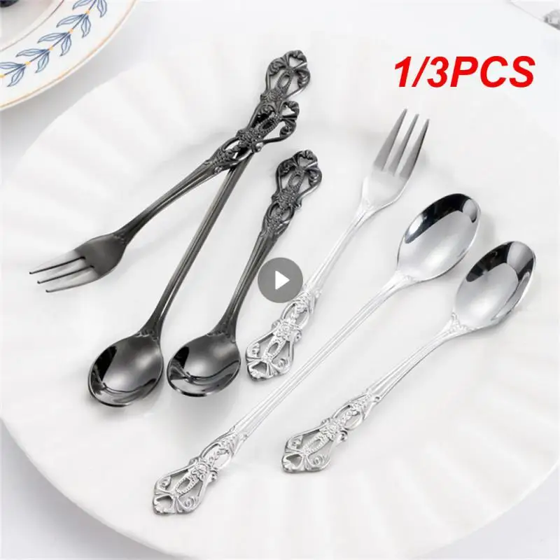 1/3PCS Teaspoon Long Handle European-style Carved Small Gift Coffee Accessories Spoon Colorful Stainless Steel