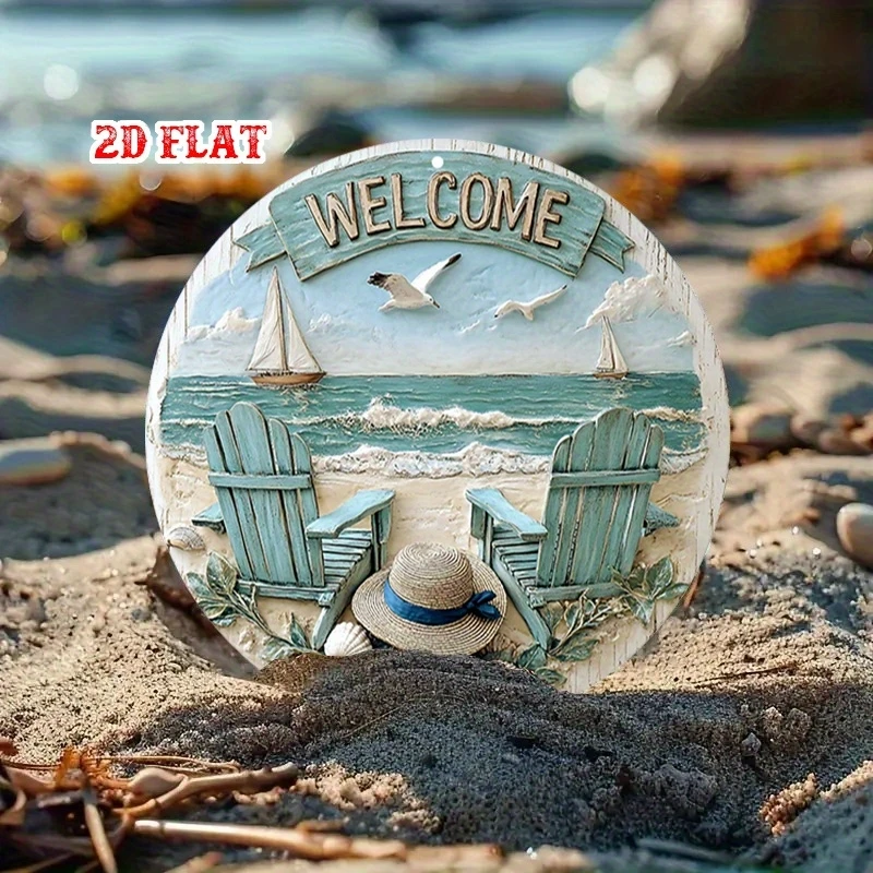 Coastal Welcome Sign 2D 8in Wooden Circular with Beach Chair Sailing Boat Seagull Elements for Cafe Or Beach House Outdoor Decor