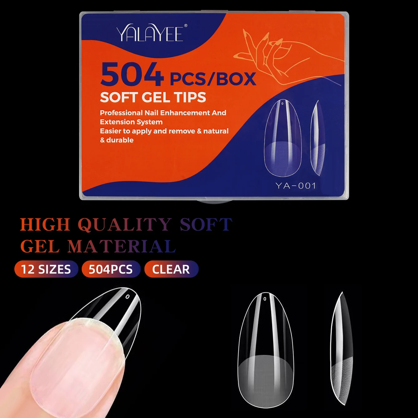 504 pieces/box XS/S/M almond-shaped nail tips with transparent full coverage and semi-matte acrylic soft gel, featuring 12 sizes