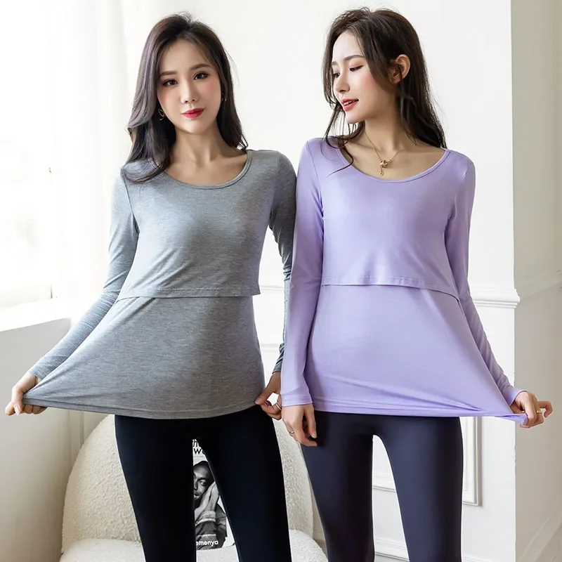 Spring Autumn Breastfeeding T-shirt Long Sleeve Maternity Tops Soft Cotton Pregnant Clothes Good Stretch Nursing Wear 2 Colors