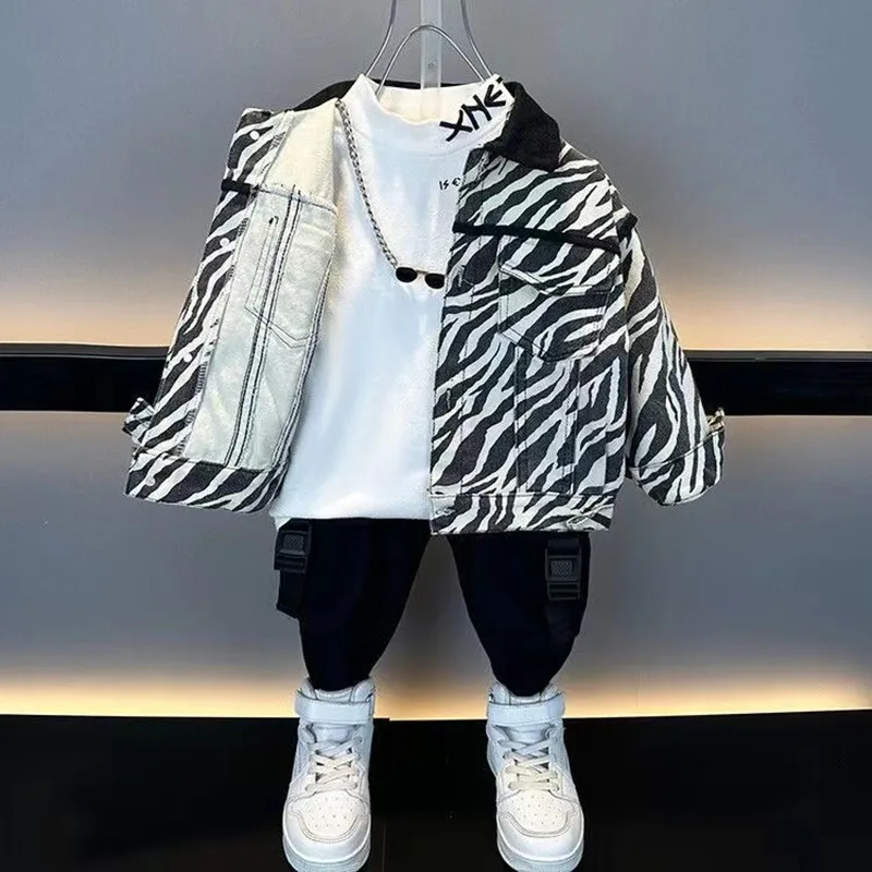 Boys Spring and Autumn Coat 2024 New Boys Fashion Jacket Children\'s Cartoon Tiger Patchwork Top Boys Jacket