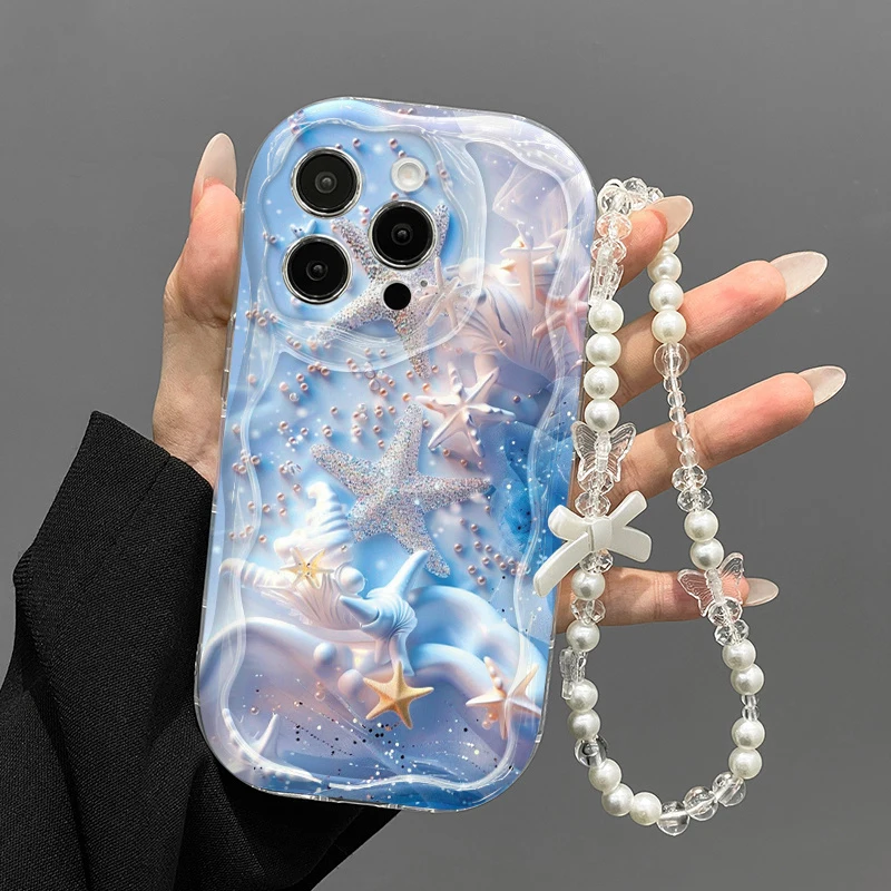 Dreamy Blue Starfish 3D Ripple Texture Lanyard Phone Case For Samsung Galaxy S26 Ultra A55 A27 A36 A16 A06 A17 A15 A07 5G Cover