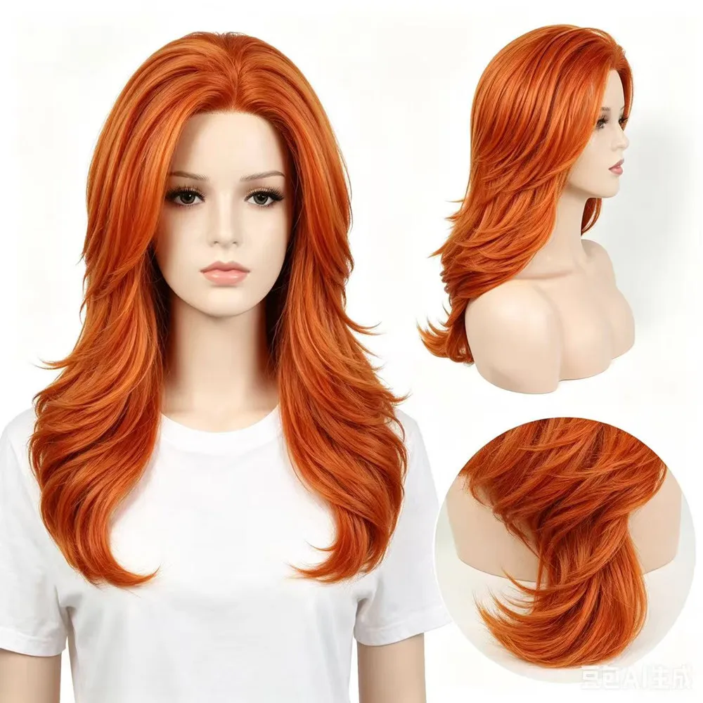 

Orange Medium Layered Synthetic Wig Natural Wavy Heat Resistant Cosplay Daily Party Wig for Women