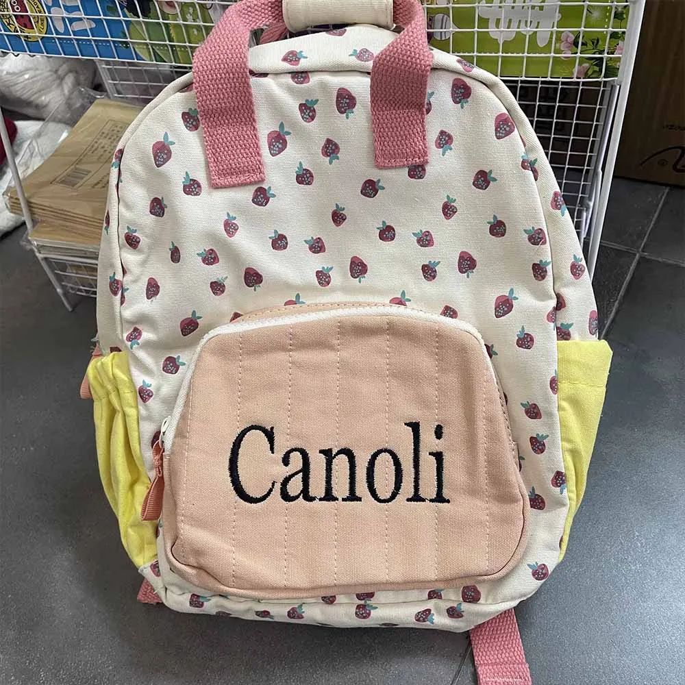 

New Cotton Canvas Dopamine Strawberry Colored Cute Children's Backpack Personalized Name Girls Schoolbag Outdoor Travle Backpack