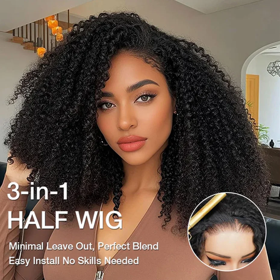Kinky Curly Halbperücke aus Echthaar, 300er Dichte, 3-in-1 nahtlose Flip-Over-Halbperücke aus Echthaar, kleberlos, sofort tragbar, anfängerfreundlich – Detail 9