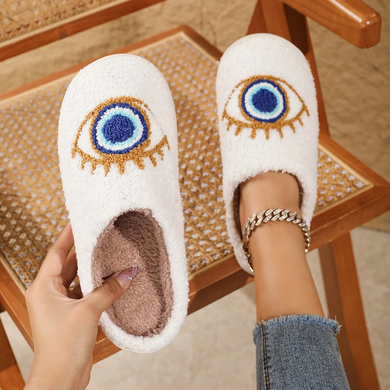 Halloween Cartoon Eyes Cotton Slippers Women Fashion Embroidered Soft Sole Fur Slippers Woman Non Slip Warm House Slides Shoes