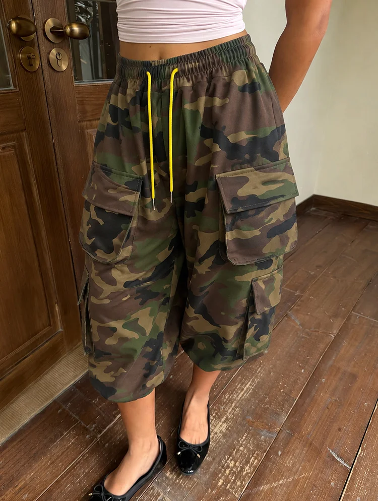 Summer Unisex Y2K Streetwear Camo Cargo Shorts Multi Pocket Drawstring Elastic Waist Loose Knee Length Shorts