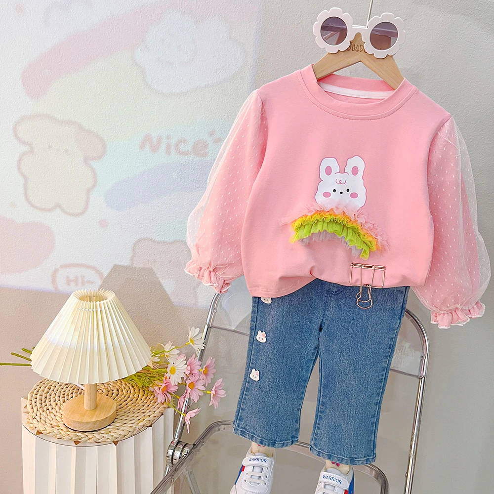 

Baby Girls Clothing Sets Autumn Children Lace Long Sleeve T Shirt Jeans Kids Tracksuit Cartoon Rabbit Infant Clothes Outfits