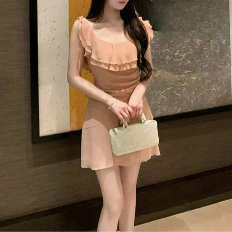 

Gentle Vacation Style Chiffon Waist Short Skirt Children Ruffle Edge Sleeveless Dress Comfortable and Fashionable Temperament