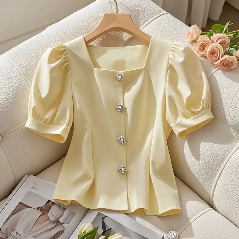 

Pure Color ort Sve irt Summer Small Size Square Collar Bubble Sve Faionable ort Waist Cinching Top Women's Faion