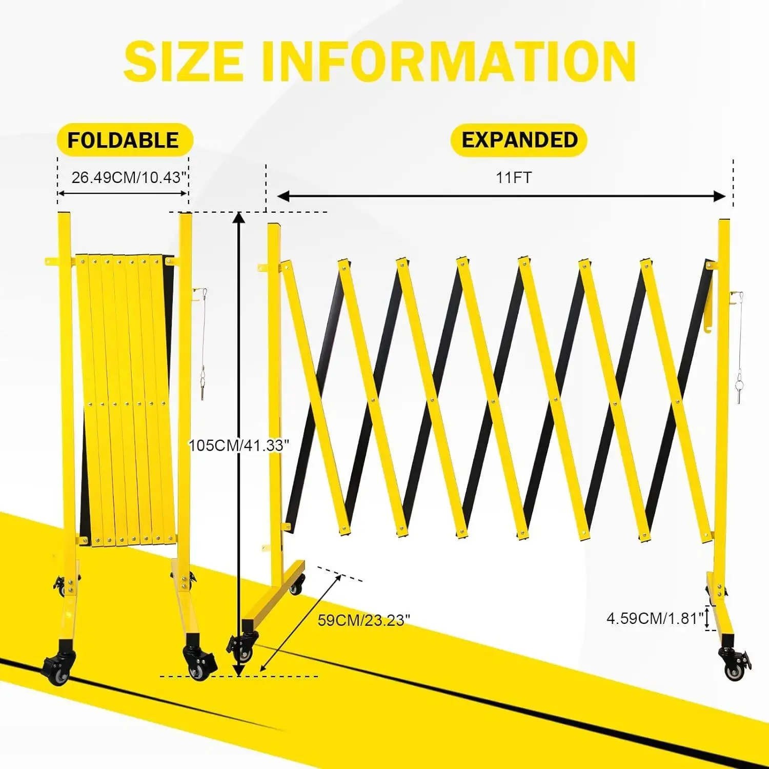 11FT Portable Metal Expandable Barricade with Wheels - Retractable Security Gate for Outdoor Traffic & for construction Use