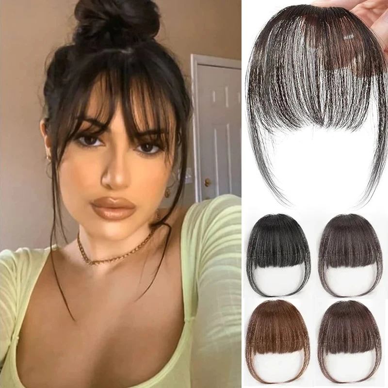 Synthetic Hair Bangs Clip in Hair Extensions Light Brown Wispy Fringe with Temples Hairpieces for Women Curved Bangs  for Daily