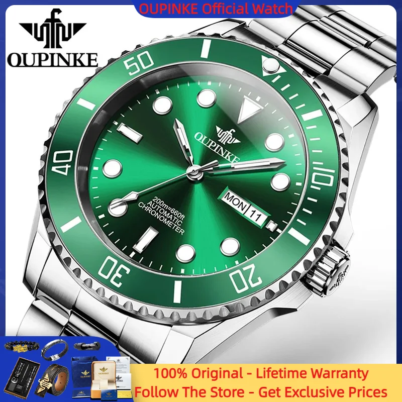 

OUPINKE 3205 Men Watch Brand Luxury Green Diving Watch Classic Rotating bezel Mature Men All Automatic Mechanical Watch Box Free