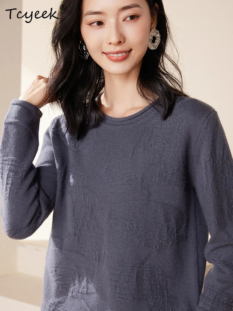 Tcyeek, pulls élégants en cachemire pur 100%, col rond à manches longues pour femmes, pull en tricot à bas à la mode, automne hiver 2024 T478104QM